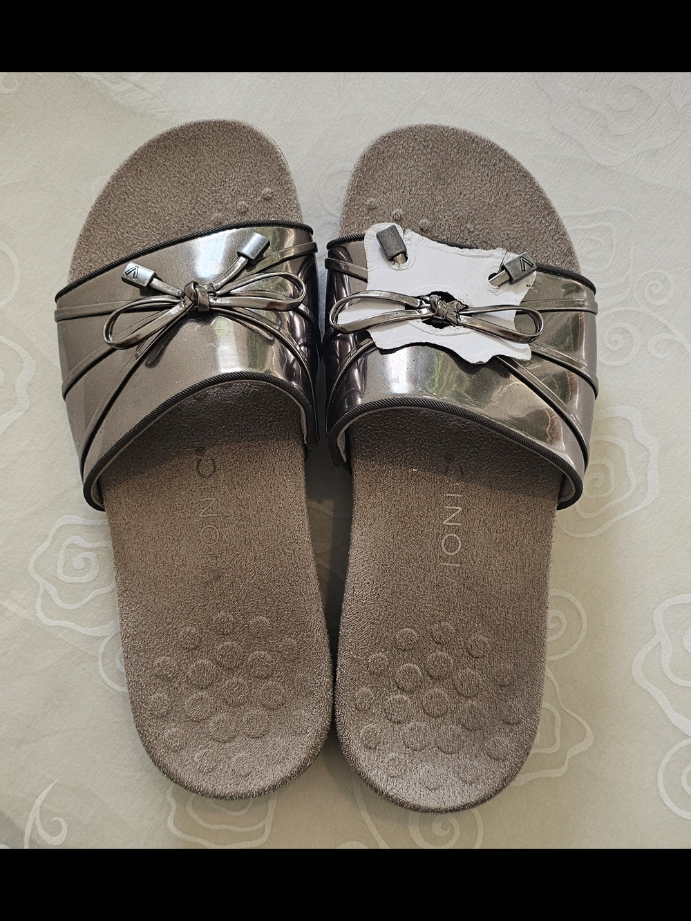 Vionic Metallic Pewter Slide Sandals with Bow Accent